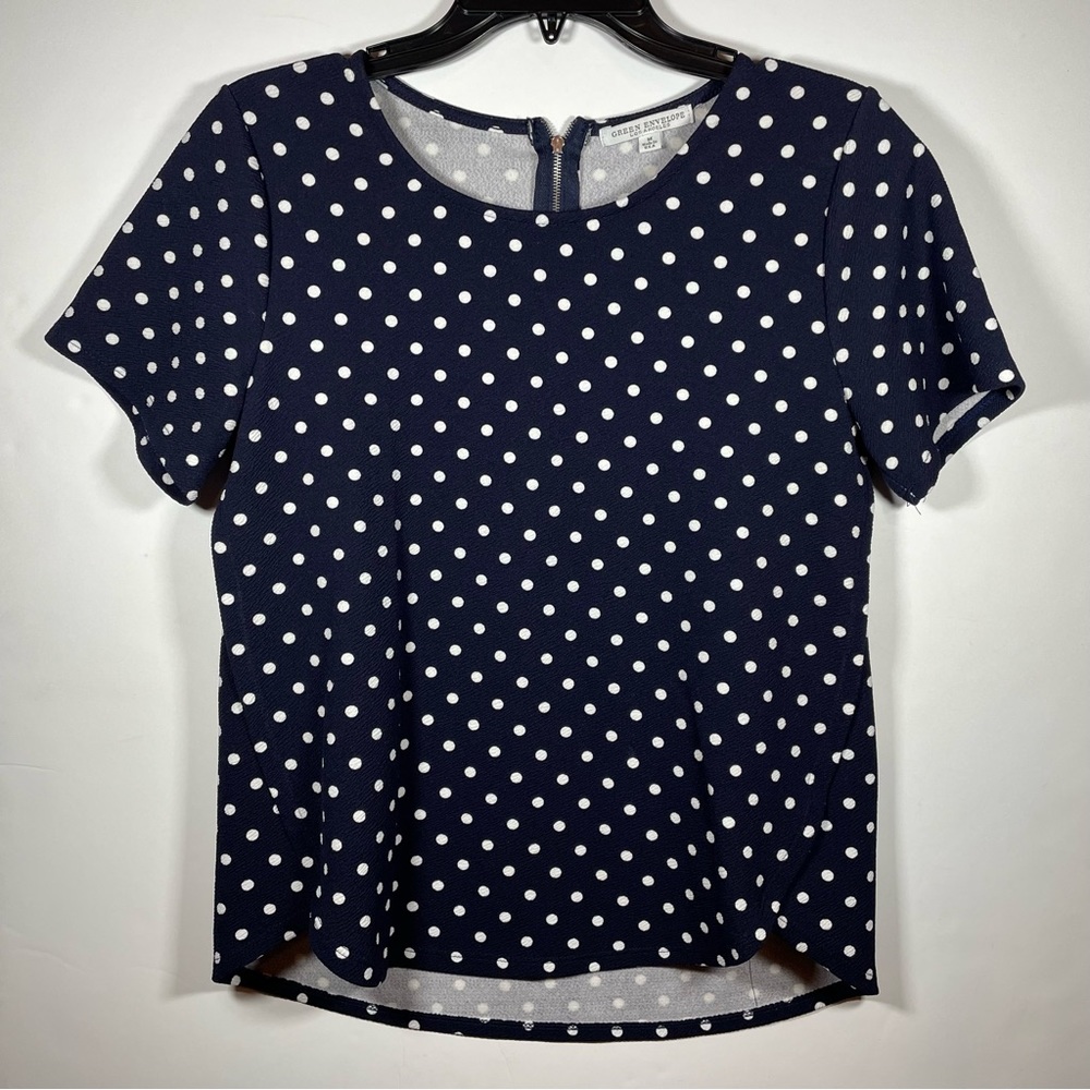 Green Envelope Navy Polka Dot Top Blouse